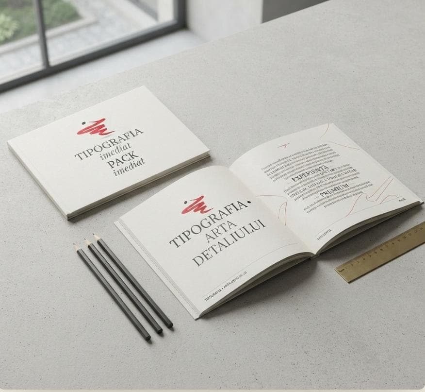 Mockup de carte și broșuri Tipografia Imediat Pack, fotografiate pe un birou