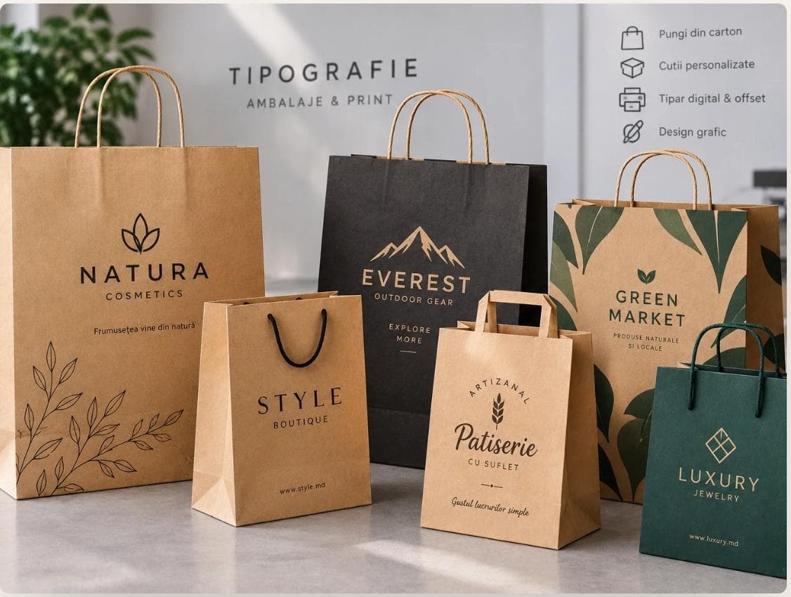 Pungi din hârtie personalizate pentru branduri precum Natura Cosmetics, Everest, Style Boutique, Patiserie și Green Market, produse de Tipografia Imediat