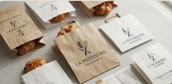 Pungi din hârtie kraft personalizate pentru La Patisserie, cu croissante