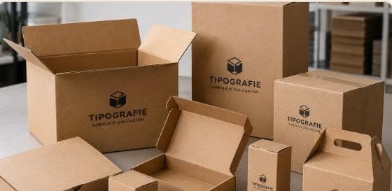 Cutii din carton personalizate cu logo Tipografie, deschise și pliate
